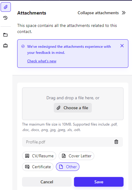 Fichier de CV importé avec les options de type de pièce jointe et le bouton Save