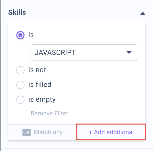 Filtre Skills d'une Recipe avec le bouton « + Add additional » encadré