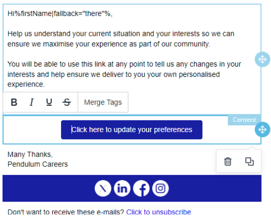 Corps de l'e-mail de campagne avec un bouton redirigeant vers le Preference Center