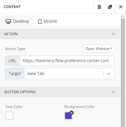 Paramètres du bouton dans l'éditeur d'e-mail, avec l'URL du Preference Center