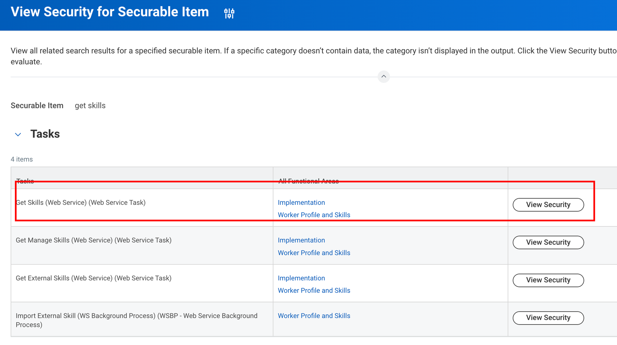Page Workday « View Security for Securable Item » avec la tâche Get Skills (Web Service) encadrée