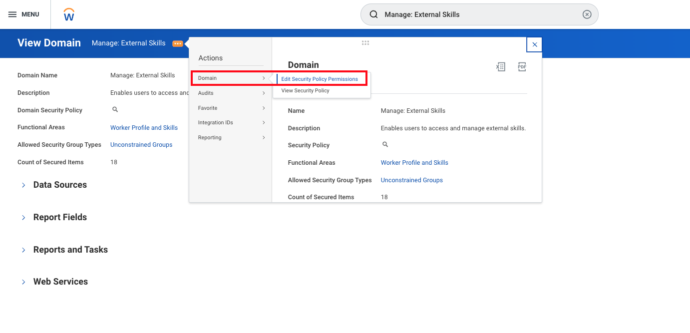 Page Workday « View Domain » pour Manage: External Skills avec le menu Actions › Domain