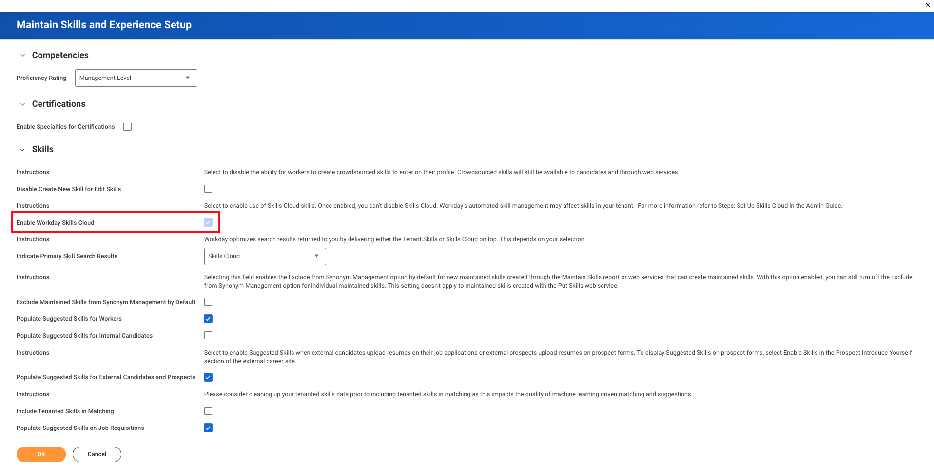 Page Workday « Maintain Skills and Experience Setup » avec l'option des compétences suggérées encadrée