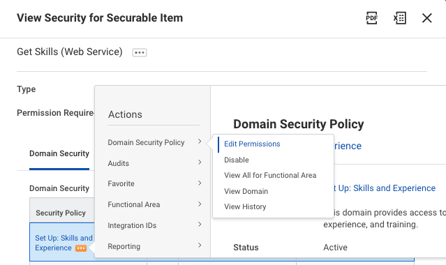 Menu Actions de Workday ouvert sur « Domain Security Policy » › « Edit Permissions »