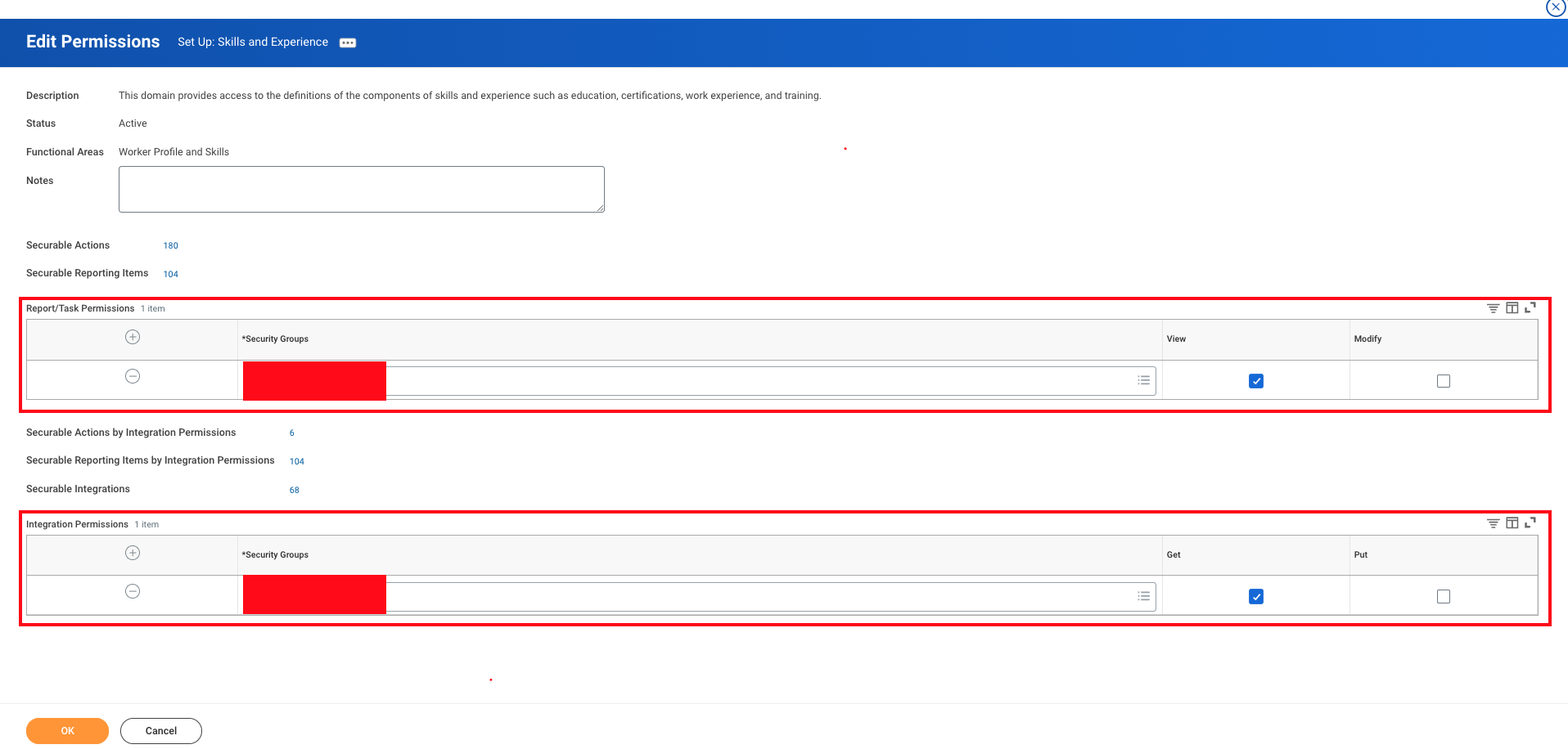 Page Workday « Edit Permissions » avec les groupes de sécurité encadrés