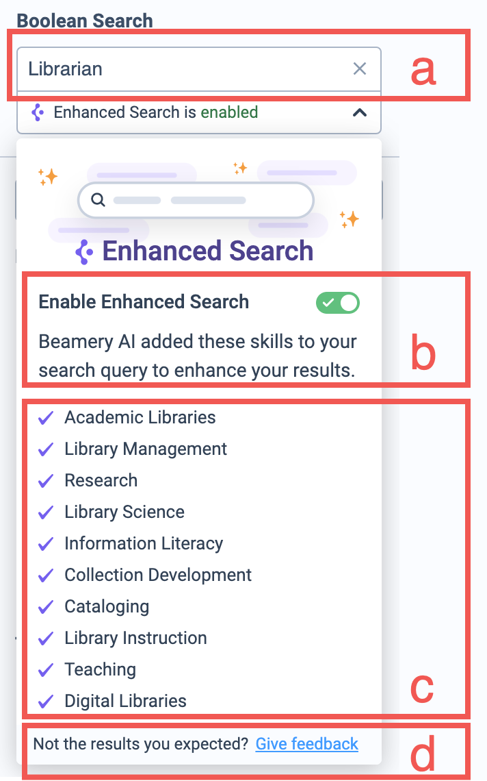 Fenêtre de recherche booléenne avec l'option de recherche améliorée et les termes déduits