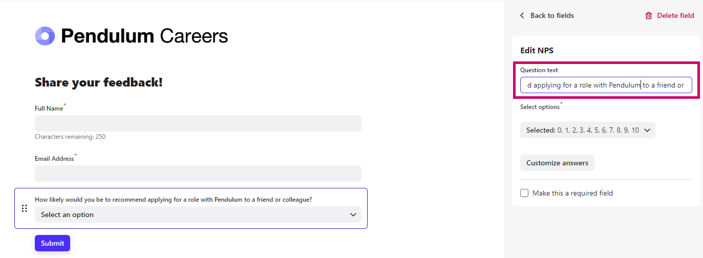 Champ NPS ajouté au formulaire du Flow, avec le texte de la question modifié dans le panneau de modification du champ