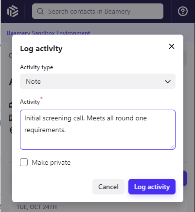 Fenêtre Log activity de la Beamery Extension avec le type d’activité Note et la case Make private
