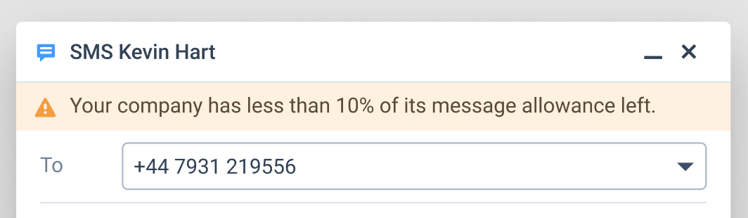 Fenêtre SMS affichant l’avertissement indiquant qu’il reste moins de 10 % du quota de messages