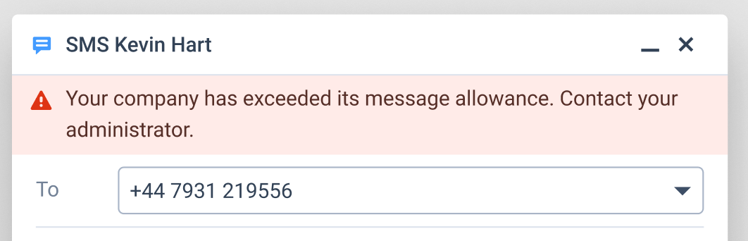 Fenêtre SMS affichant le message indiquant que le quota de messages est dépassé