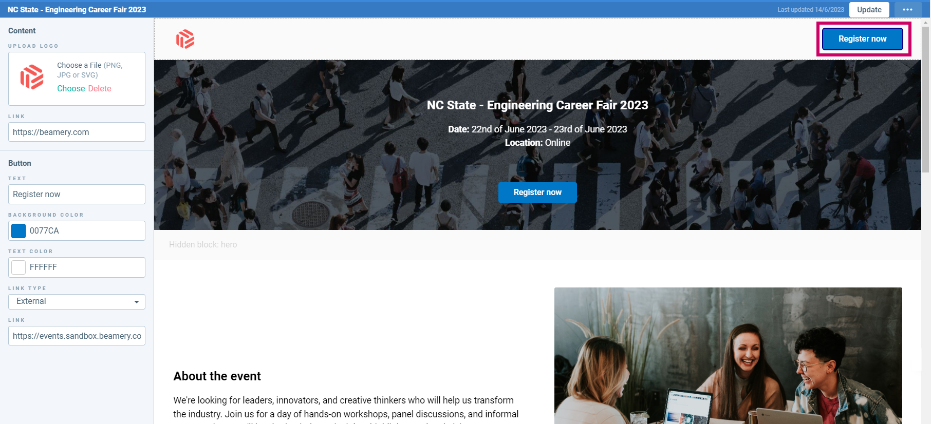 Page Builder avec le bouton « Register now » de l’en-tête encadré