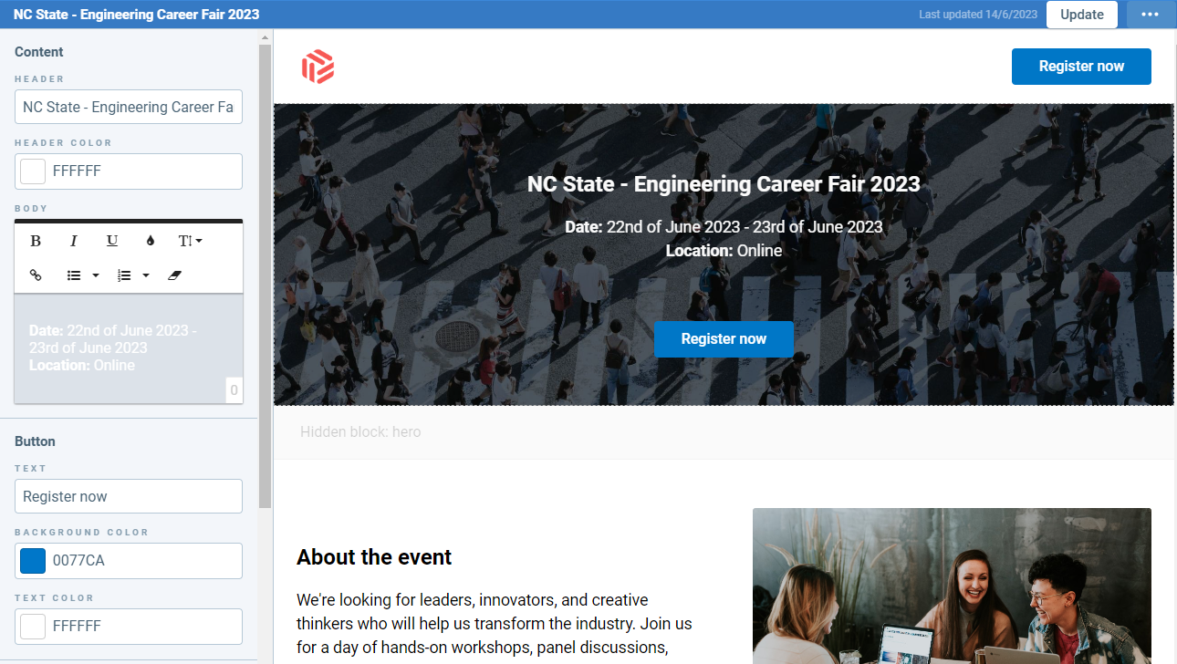 Page Builder avec la section d’en-tête de l’événement sélectionnée