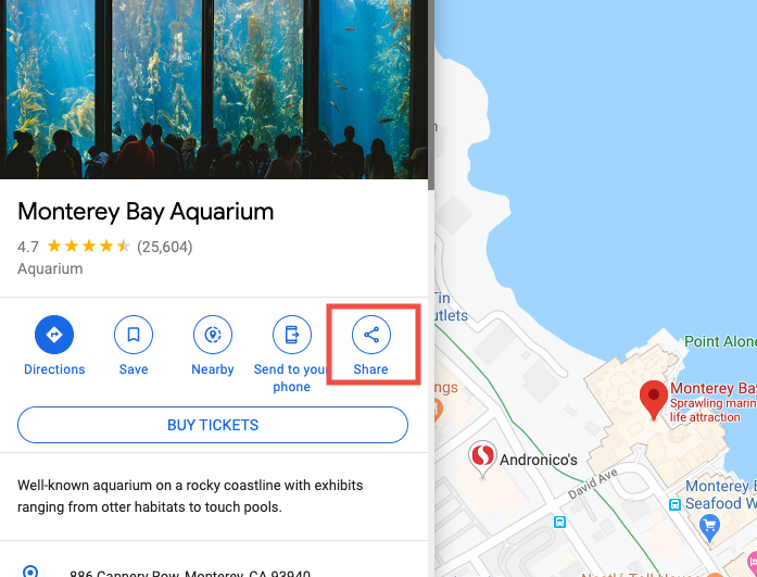 Google Maps avec le bouton « Share » encadré pour un lieu