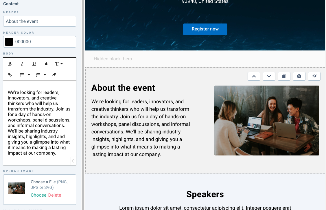 Page Builder avec le bloc « About the event » en cours de modification