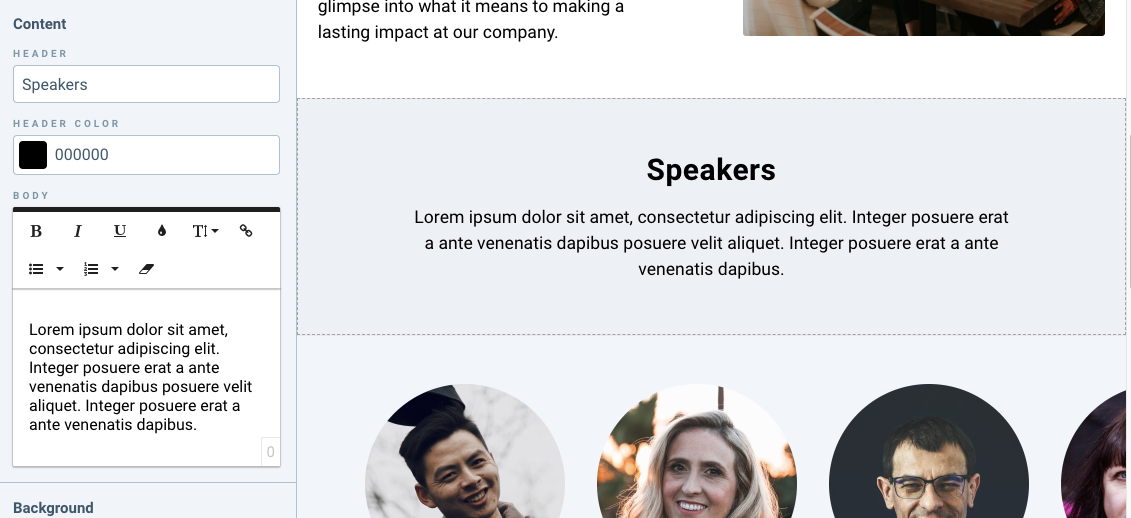 Page Builder avec le bloc « Speakers » en cours de modification