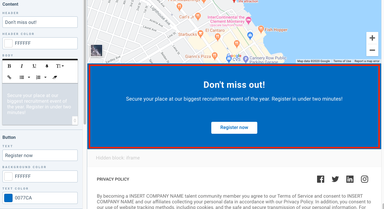 Page Builder avec le bloc d’appel à l’action « Don’t miss out! » encadré