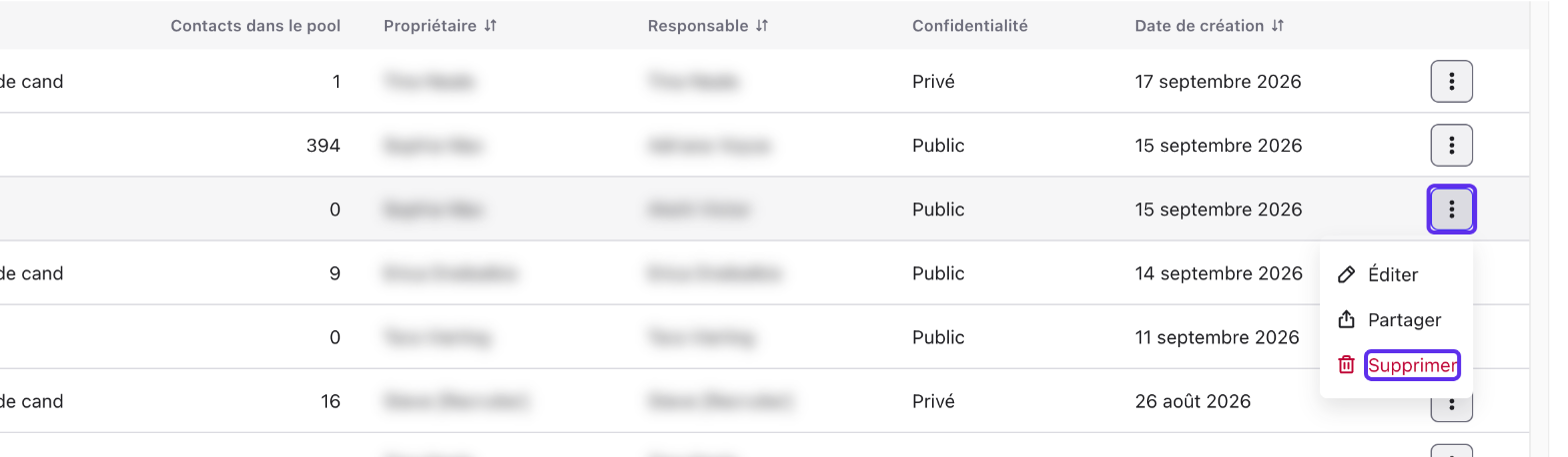 Menu d’actions d’un Pool avec l’option Supprimer mise en évidence