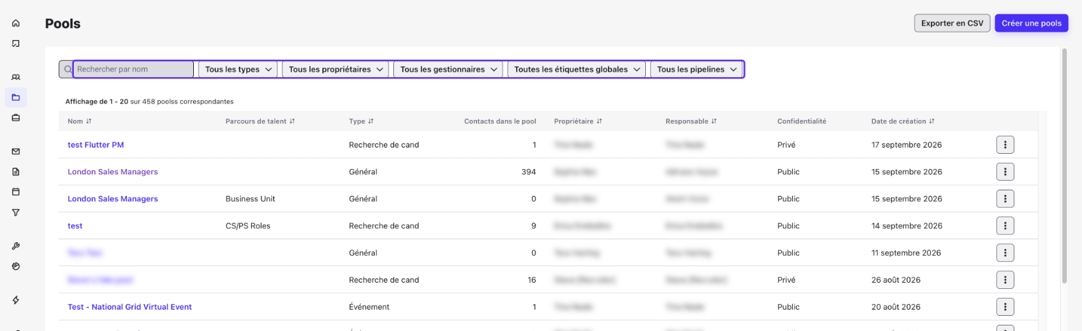 Barre de recherche et filtres de la liste des Pools