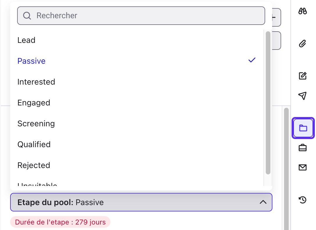 Espace de travail Pools du profil avec la liste déroulante Etape du pool ouverte