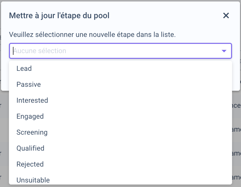 Fenêtre Mettre à jour l’étape du pool avec la liste des étapes