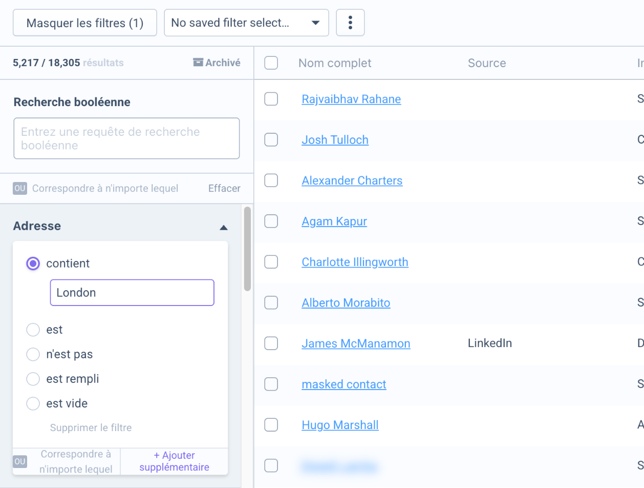 Filtre Adresse ouvert avec les options contient, est, n’est pas, est rempli et est vide
