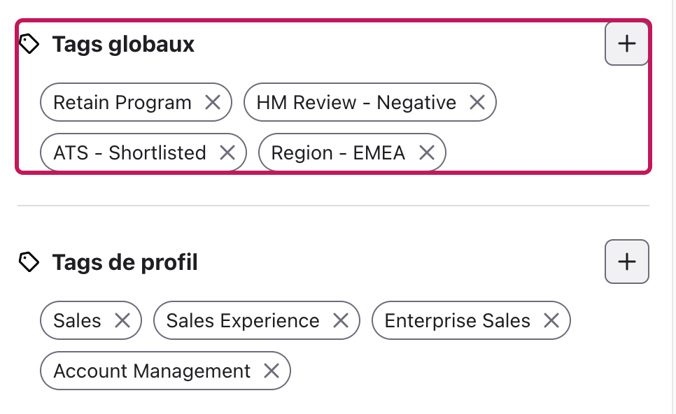 Section Tags globaux mise en évidence dans le Hub de recrutement
