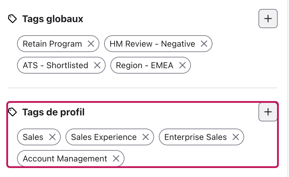 Section Tags de profil mise en évidence dans le Hub de recrutement