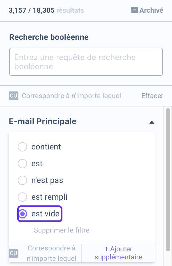 Filtre E-mail Principale avec l’option est vide sélectionnée