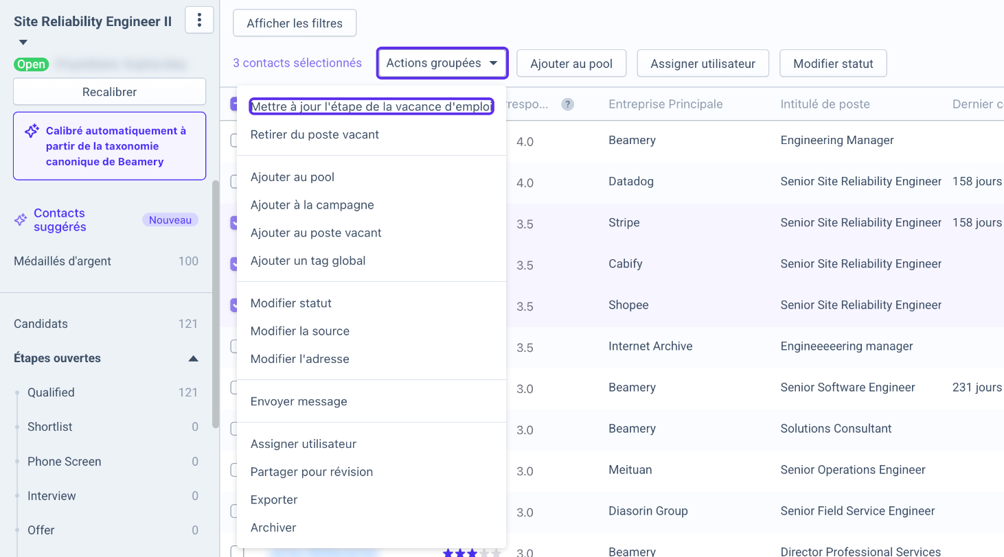Menu Actions groupées avec l’option de mise à jour de l’étape mise en évidence