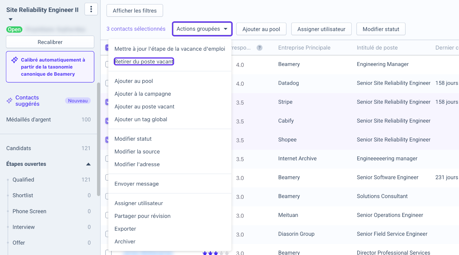 Menu Actions groupées avec l’option Retirer du poste vacant mise en évidence