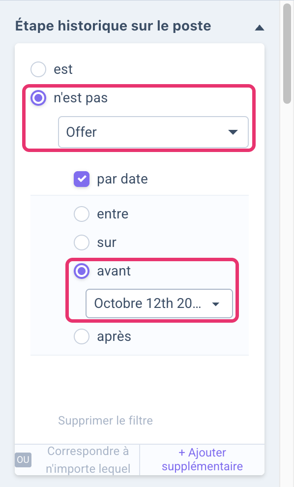 Filtre Étape historique sur le poste n’est pas Offer avant une date