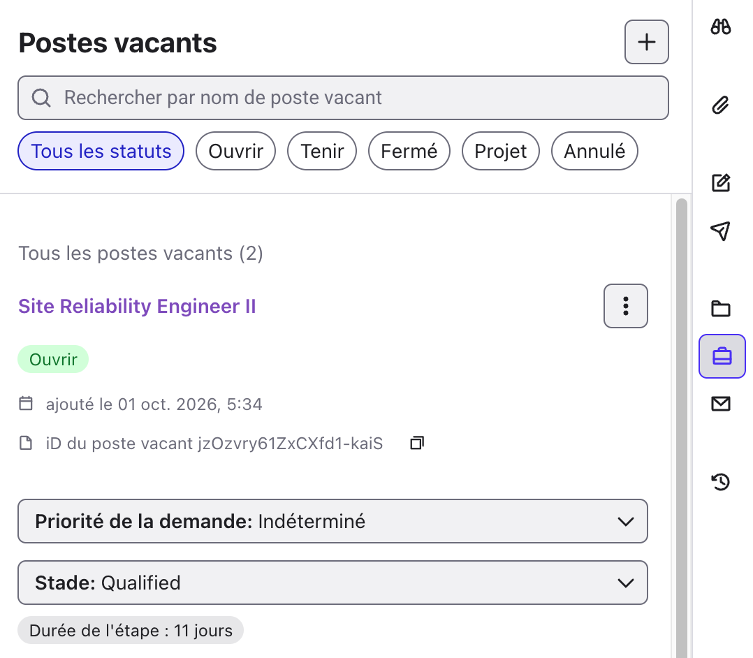 Espace de travail Postes vacants d’un profil avec le stade du candidat