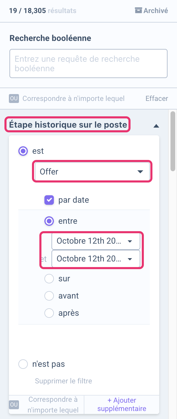 Filtre Étape historique sur le poste avec l’étape Offer et une plage de dates