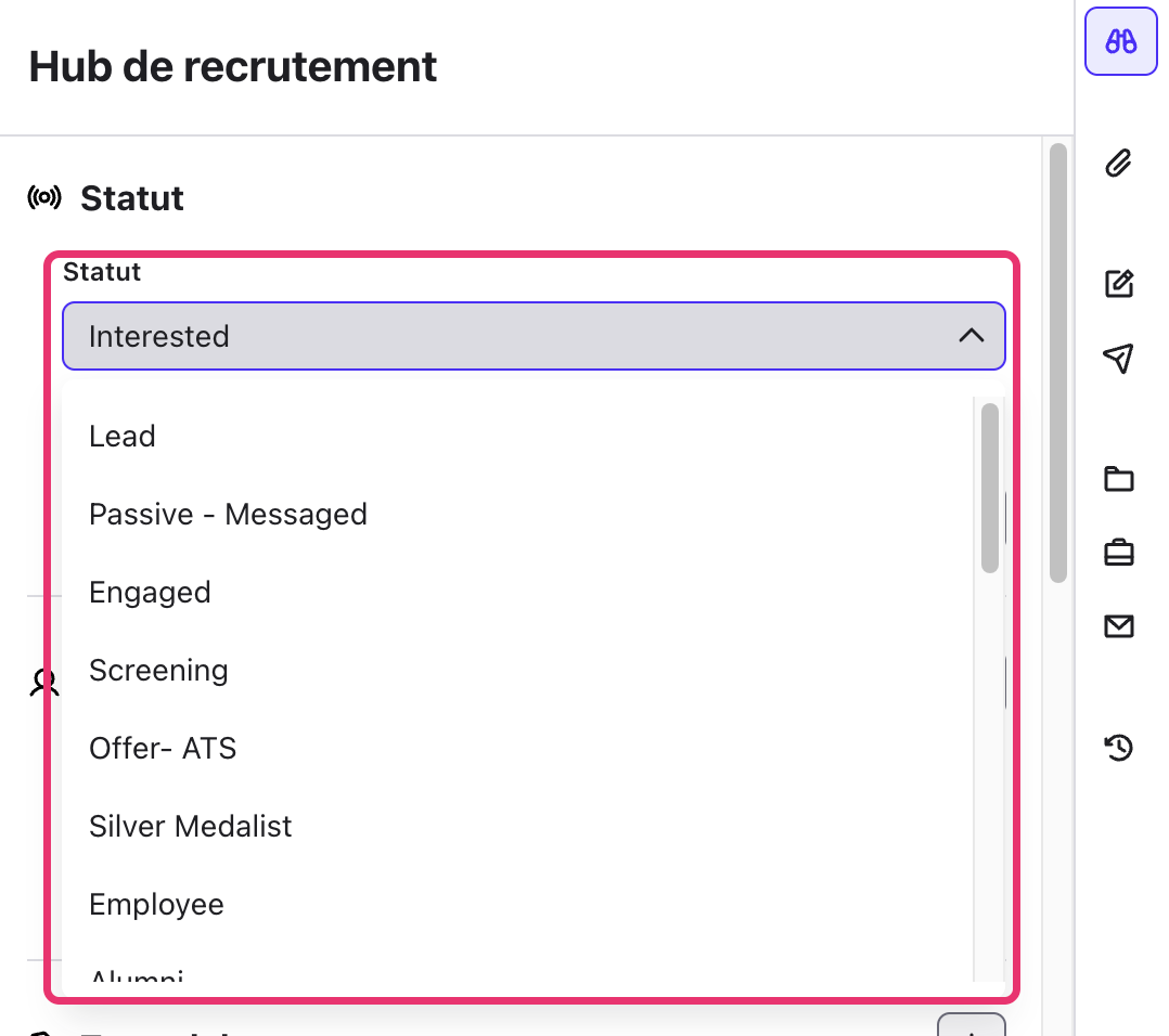 Liste déroulante Statut ouverte dans le Hub de recrutement