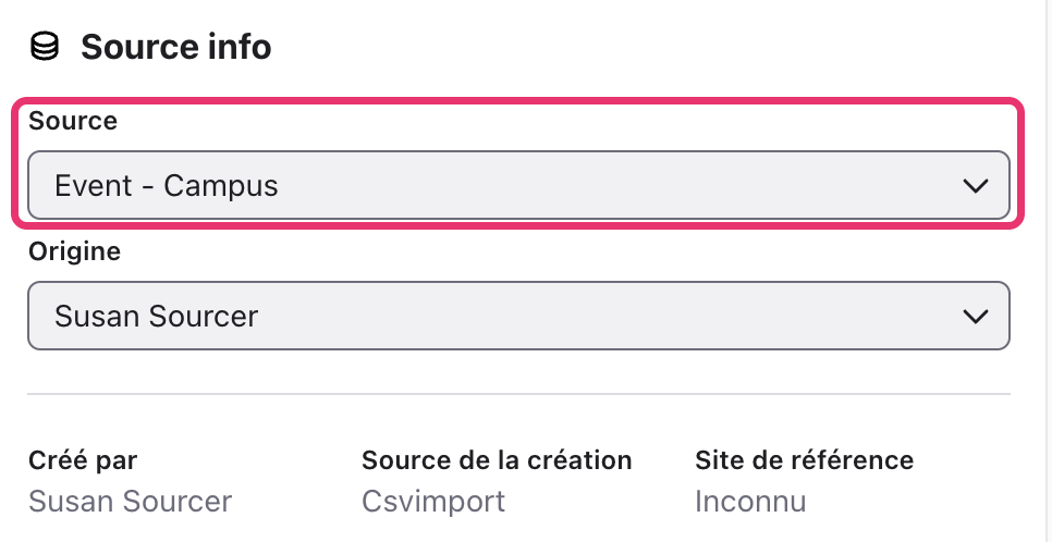 Champ Source dans la section Source info du profil