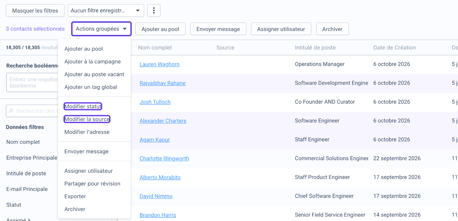 Menu Actions groupées avec les options Modifier statut et Modifier la source mises en évidence