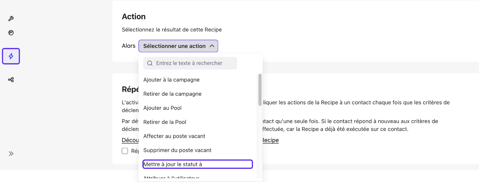 Action de Recipe Mettre à jour le statut à mise en évidence