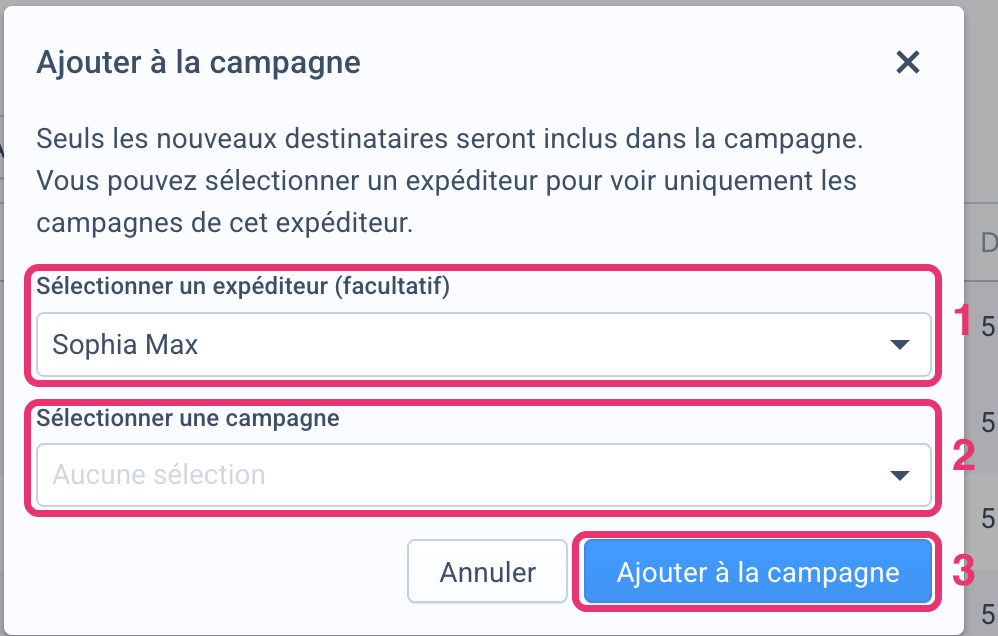 Fenêtre Ajouter à la campagne : expéditeur (1), campagne (2) et bouton Ajouter à la campagne (3)