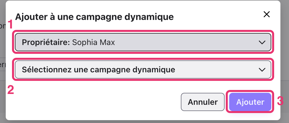 Fenêtre Ajouter à une campagne dynamique : propriétaire (1), campagne (2) et bouton Ajouter (3)