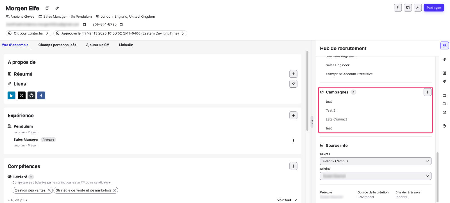 Profil d’un contact avec la section Campagnes mise en évidence dans le Hub de recrutement