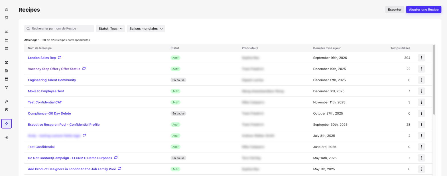 Liste des Recipes avec l’icône Automatisation mise en évidence