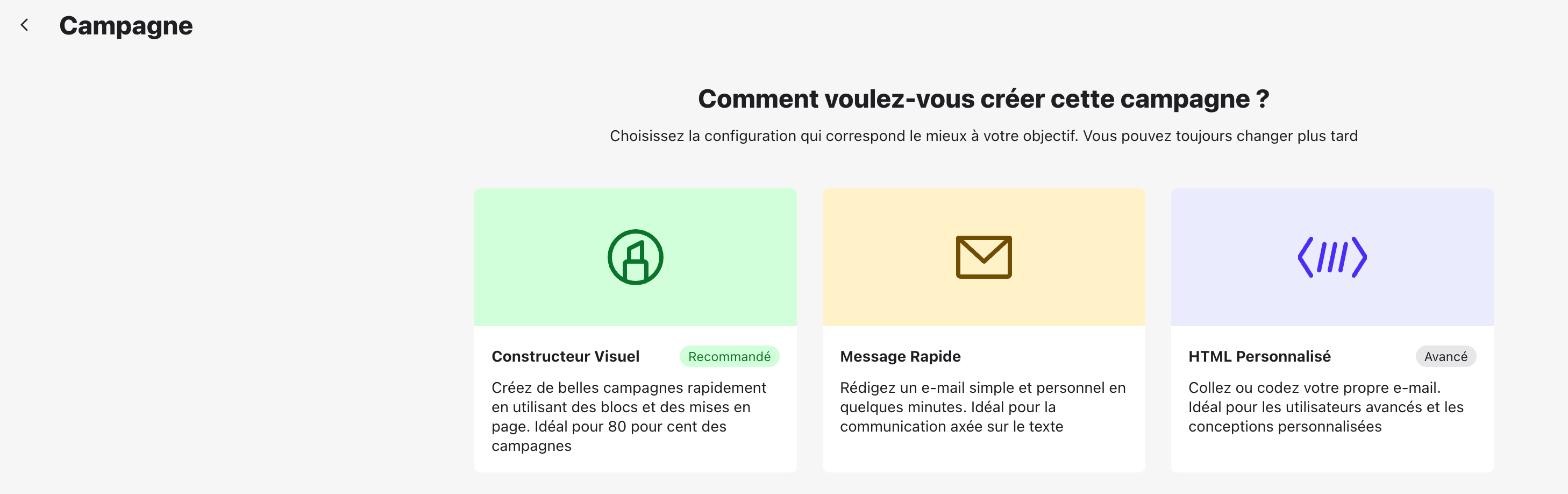 Choix de l’éditeur : Constructeur Visuel, Message Rapide, HTML Personnalisé