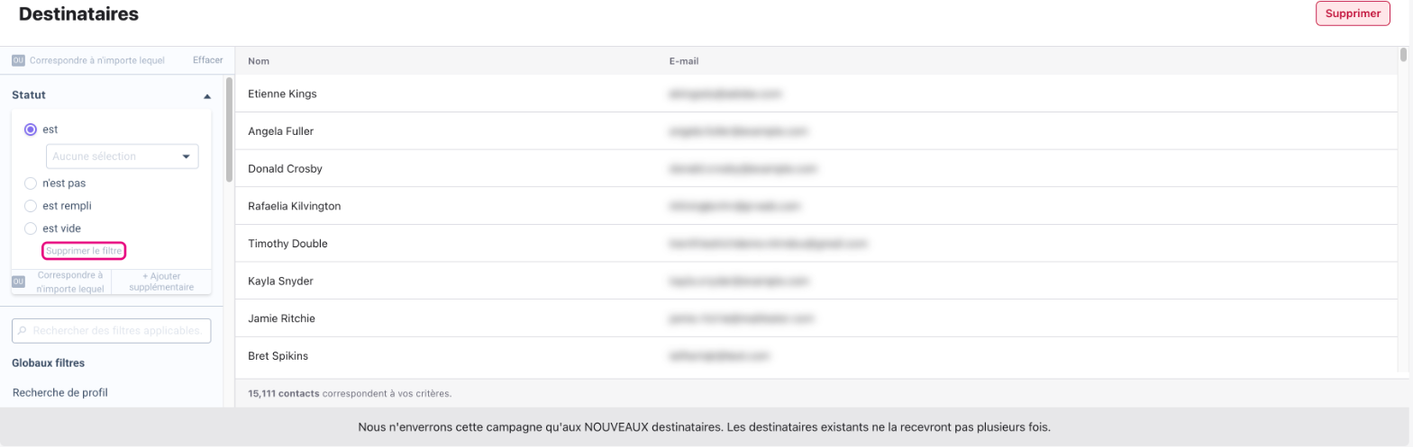 Section Destinataires avec un filtre Statut et le lien Supprimer le filtre