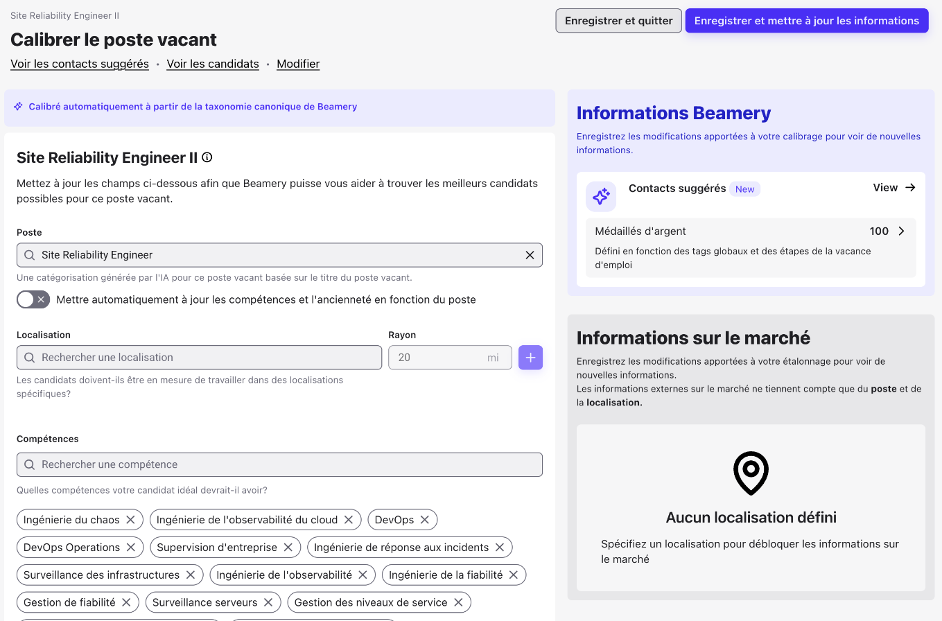 Page Calibrer le poste vacant avec le panneau Informations Beamery