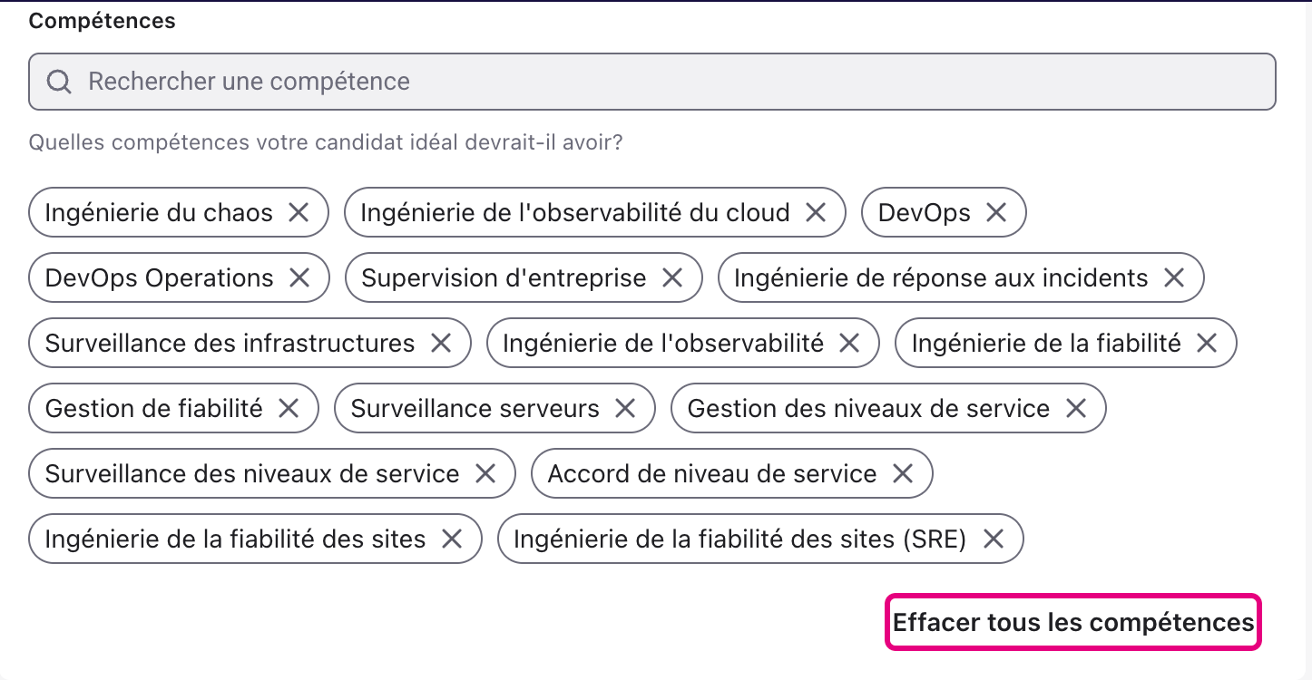 Section Compétences avec le lien Effacer tous les compétences