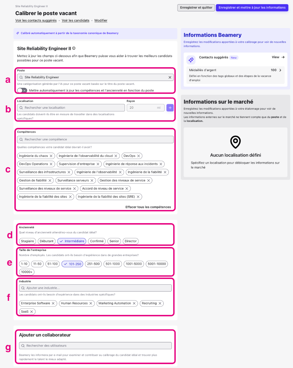 Page Calibrer le poste vacant avec les sections a à g