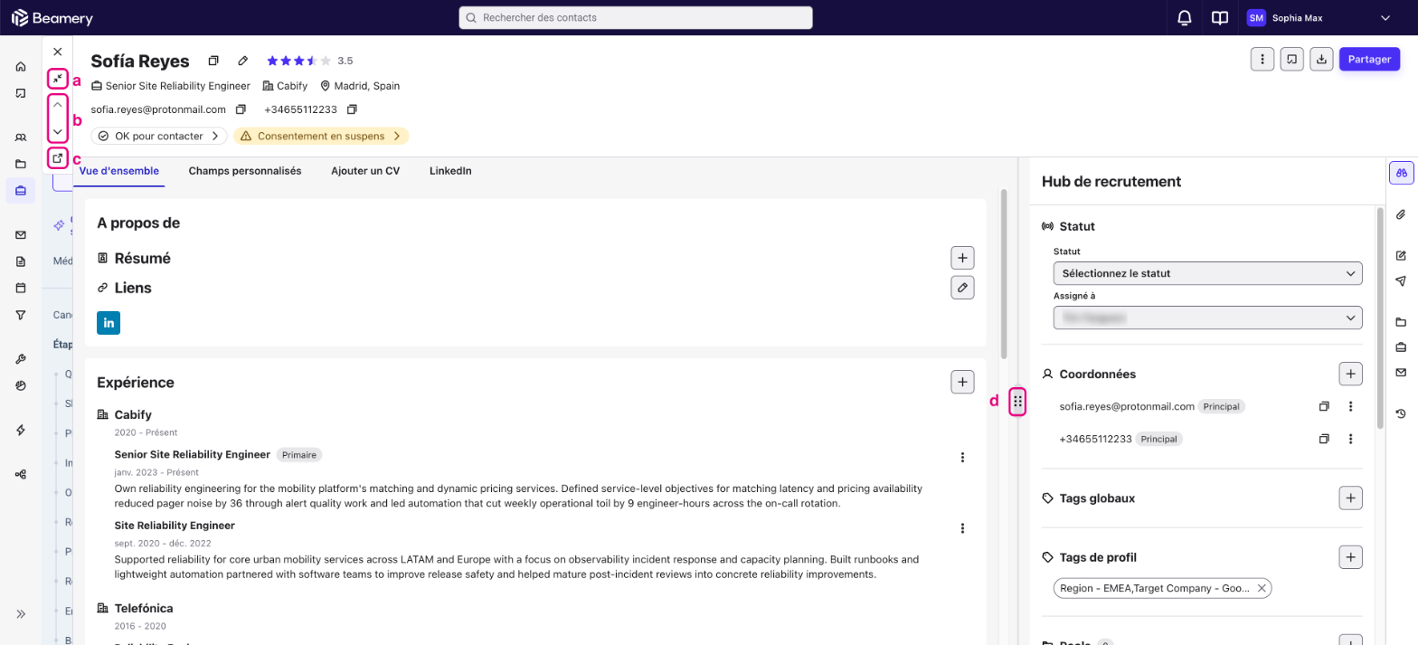 Commandes du Smart Profile : a. réduire ou agrandir, b. contact précédent ou suivant, c. ouvrir dans un nouvel onglet, d. redimensionner les Workspaces
