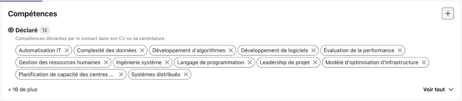 Section Compétences avec les compétences déclarées