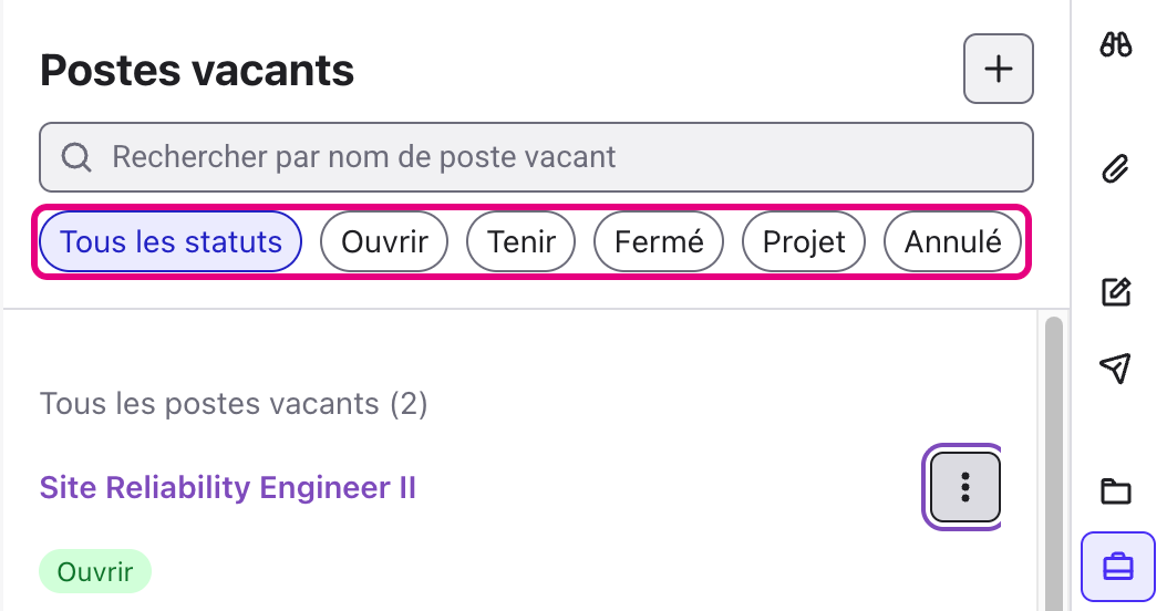 Filtres de statut du Workspace Postes vacants