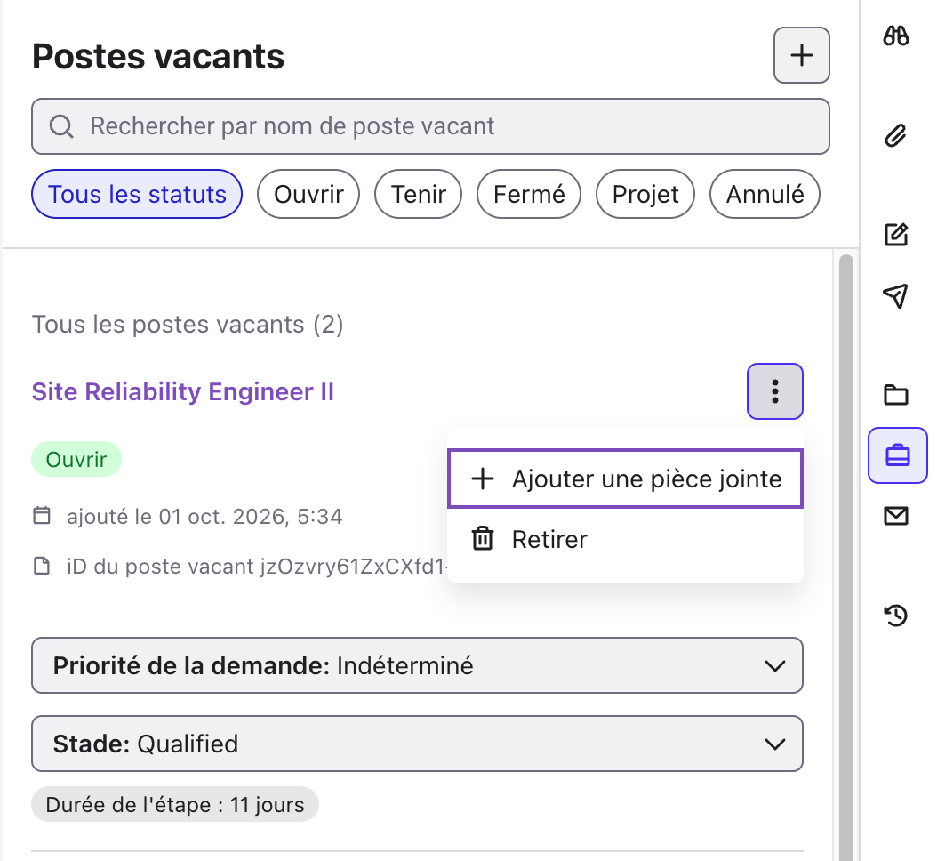 Workspace Postes vacants avec le menu Ajouter une pièce jointe / Retirer